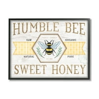 Stupell Industries Sweet Honey Bumble Bee Sign Country Tartan Banner Graphic Art fekete keretes művészet nyomtatott