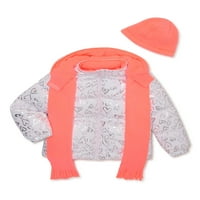 Rózsaszín platina lányok kapucnis fólia szív téli puffer kabát kalap és sál, méret 4-16