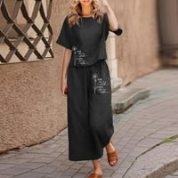Mlqidk len szett női Pamut Rövid ujjú ing széles láb nadrág nadrág két melegítőben, Fekete XL