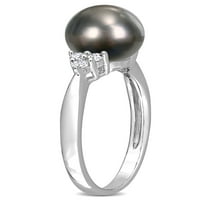 Fekete tahiti tenyésztett édesvízi gyöngy és karat T.W. Gyémánt sterling ezüst klasszikus gyűrű