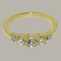 Brit készült 9k Sárga Arany természetes akvamarin & tenyésztett gyöngy női ígéret gyűrű - méret opciók-Méret 6.5