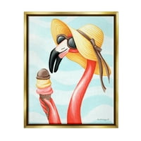 Stupell Industries Summertime Flamingo Sun Hat élvezi a fagylalt kúpos grafikus művészet fémes arany úszó keretes vászon