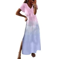 Női ruhák nyári Rövid ujjú Egyszerű V nyak Hosszú Többszínű gradiens nyomtatási rés hosszú alkalmi ruha