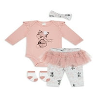 Baby By Petit Lem újszülött lány ruhát, fejpántot, nadrágot és zoknit, négyrészes készlet