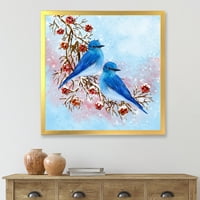 Designart 'Két kék madár ág ül egy ágon bogyókkal télen' hagyományos keretes művészeti nyomtatás